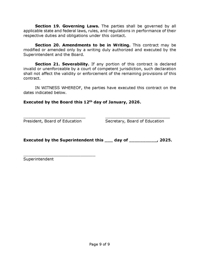 Superintendent Contract for the 2026-2028 school years