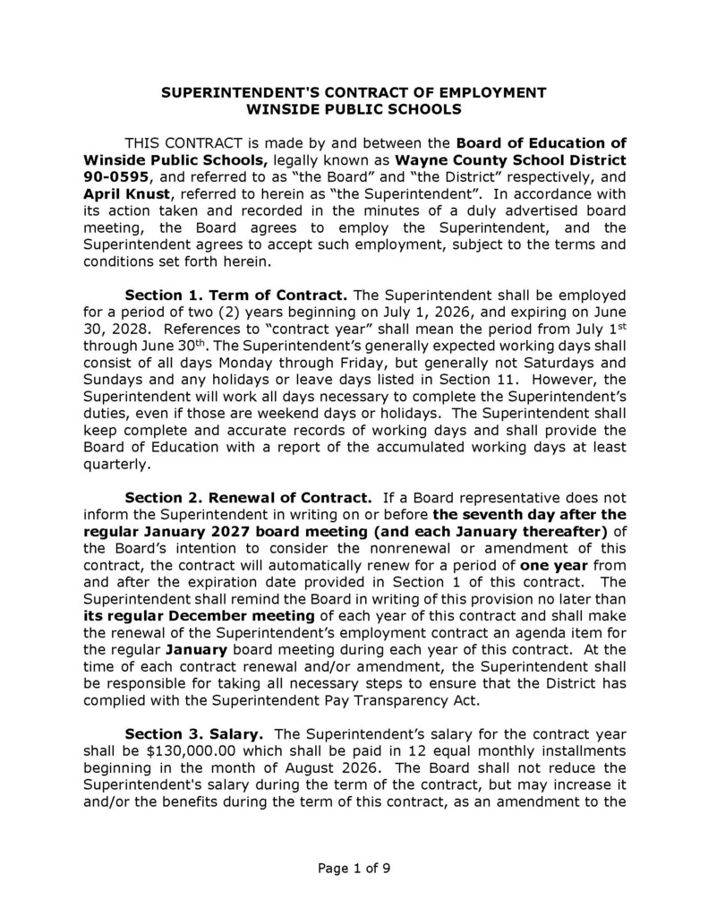 Superintendent Contract for the 2026-2028 school years