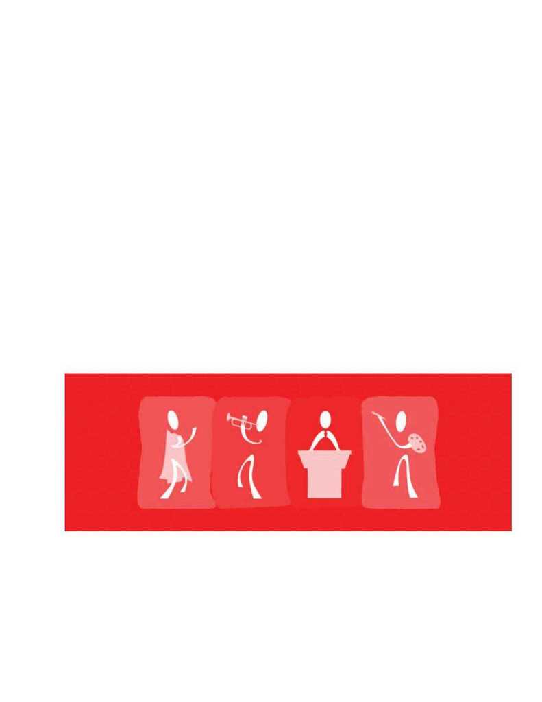 Fine Arts images representing a  person singing, a person playing a trumpet, a person speaking and a person painting