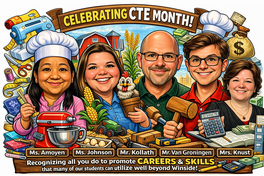 A caricature of our CTE teachers with graphics representing the skills they teach. This is to recognize them for CTE Month!