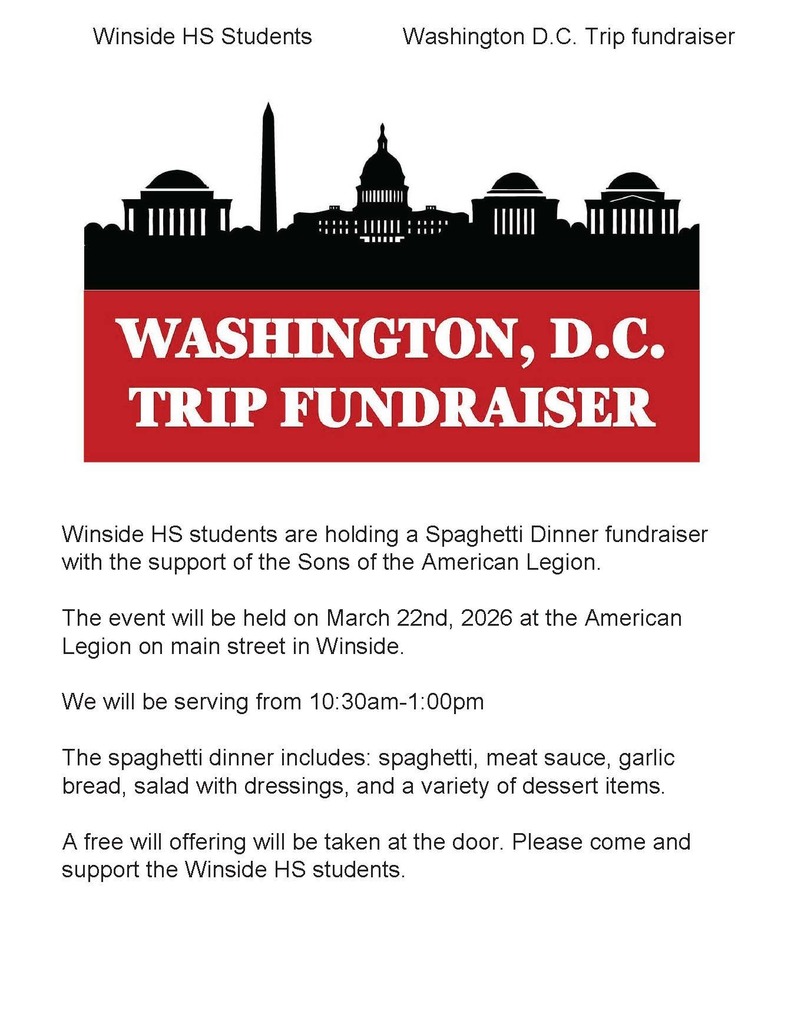 Washington D.C. skyline image of historic buildings. Winside HS students holding a spaghetti dinner fundraiser with the support of the Sons of American Legion. It will be on March 22nd from 10:30am-1:00pm. Spaghetti with meat sauce, garlic bread, salad with dressings, and dessert will be served. A free will offering will be taken at the door. Please join us and support Winside HS students