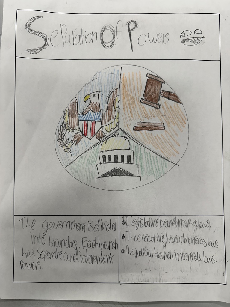 Hand drawn poster by Jaeger Genereux titled Separation of Powers featuring a circle divided into three parts depicting an eagle, a gavel, and the capital building. Includes the definition that government is divided into branches with each branch having separate and independent powers.
