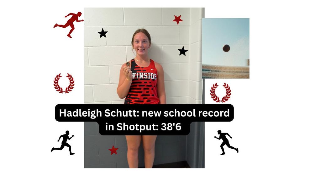 Hadleigh Schutt posing with her 1st place medal after throwing 38'6" for a new school record in shotput