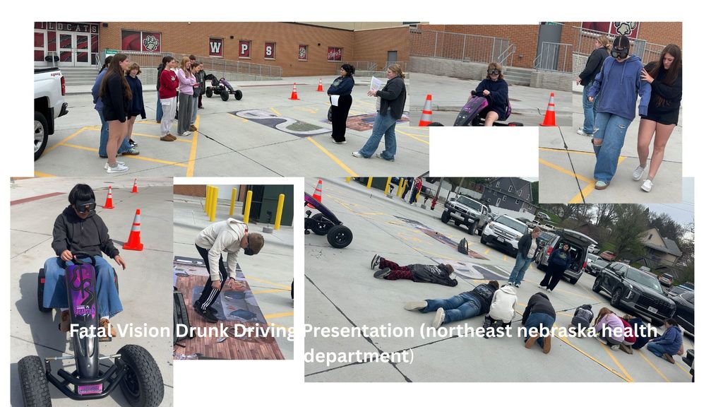 7th grade students in a collage of different views. Some students are guiding a student who is blindfolded. Others are awaiting instruction. One students is on a go-cart style vehicle with a blindfold on and anotaher is preparing to get in the go-cart vedicle