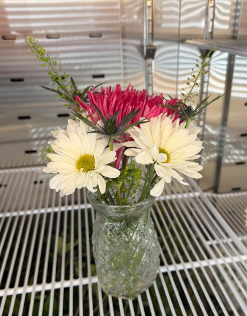 White daisies with pink focal flower and thistles- $15