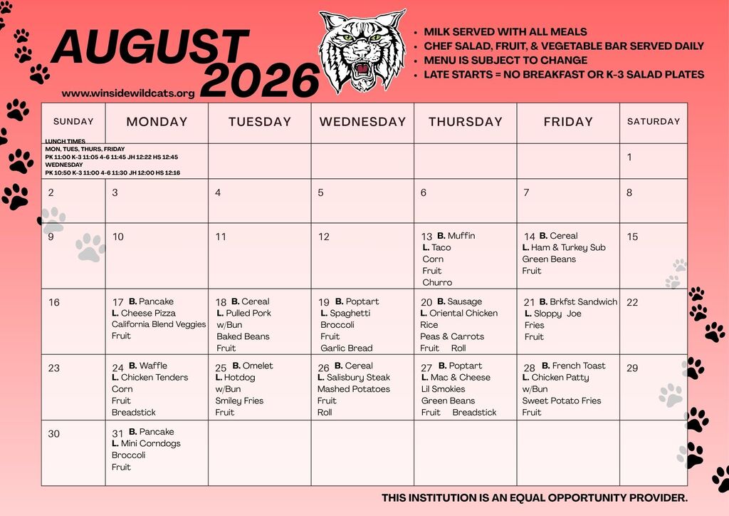 WPS August 2026 Lunch Menu