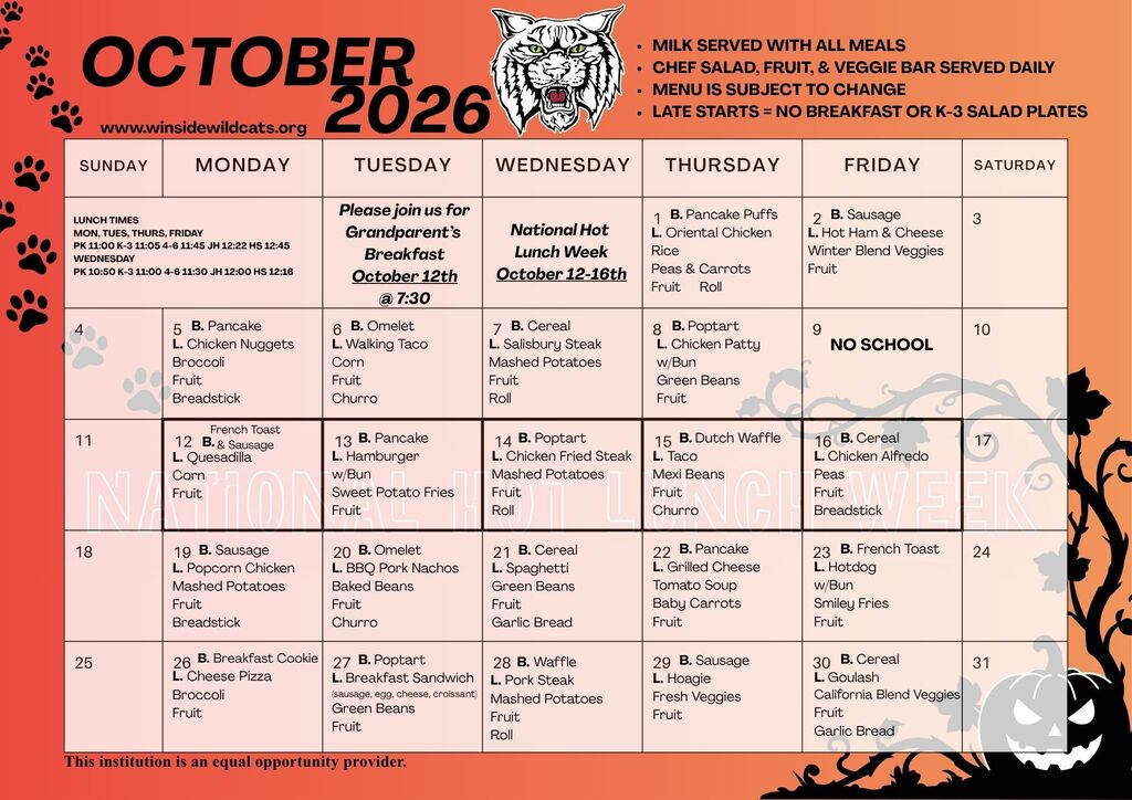 🍽️ **Grandparents Breakfast – October 12**  Grandparents Breakfast will be held on **Monday, October 12, beginning at 7:30 a.m.** Grandparents are invited to join their grandchildren for breakfast at school.  **Please RSVP in advance** so we can plan accordingly.  ❤️ **National Hot Lunch Week – October 12–16**  During National Hot Lunch Week, **parents and family members are encouraged to join their students for lunch at school!**  We would love to have you come enjoy a meal and spend some time with your student during this special week.  **Please RSVP in advance** so we can prepare for the appropriate number of guests.