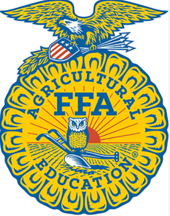 FFA Emblem- cross section of an ear of corn with an owl, plow, and the words Agricultural Education FFA in the corn with an eagle on top. 
