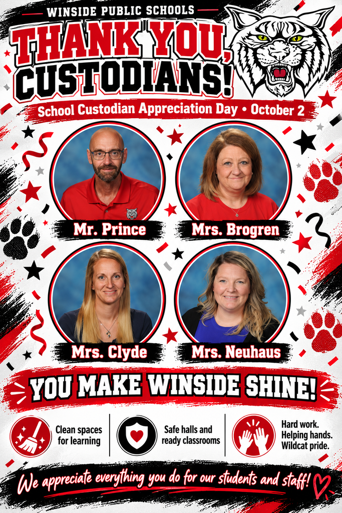 An infographic celebrating Winside's 4 custodians on School Custodian Appreciation Day!