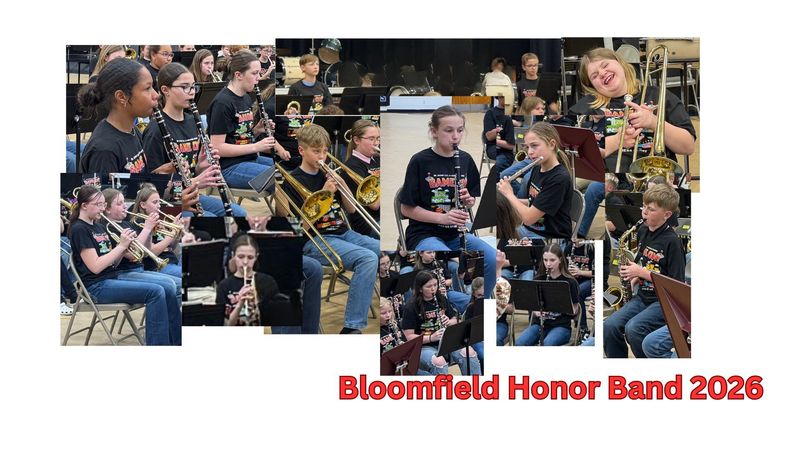 Winside 6th grade students attending the Bloomfield honor band in a collage of various  shots of them during rehearsal