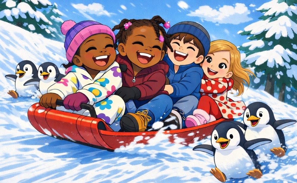 cartoon image of kids riding a sled with penguins running beside