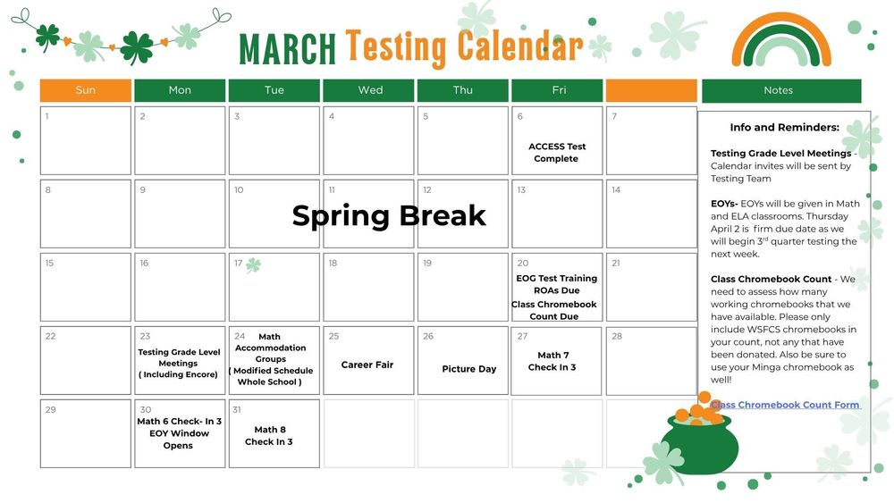 March Testing Calendar