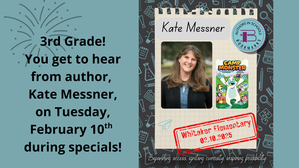 Photo of author Kate Messner  along with cover image of her newest book, Camp Monster
