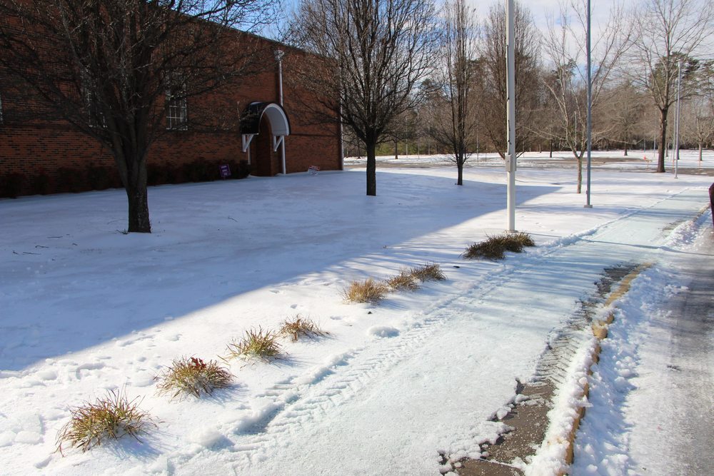 School blanketed in snow