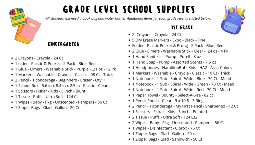 List of school supplies for kindergarten and 1st grade students
