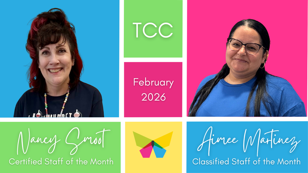 TCC February 2026 photos of Nancy Smoot Certified Staff of the month, Aimee Martinez, classified staff of the month