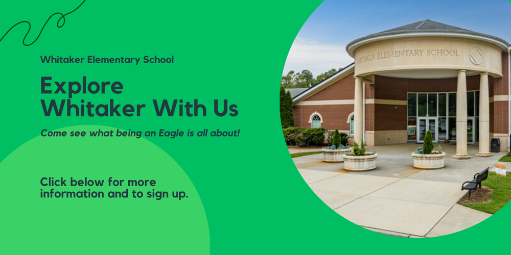 Photo of front of the school with text inviting prospective families to sign up for a schoo tour