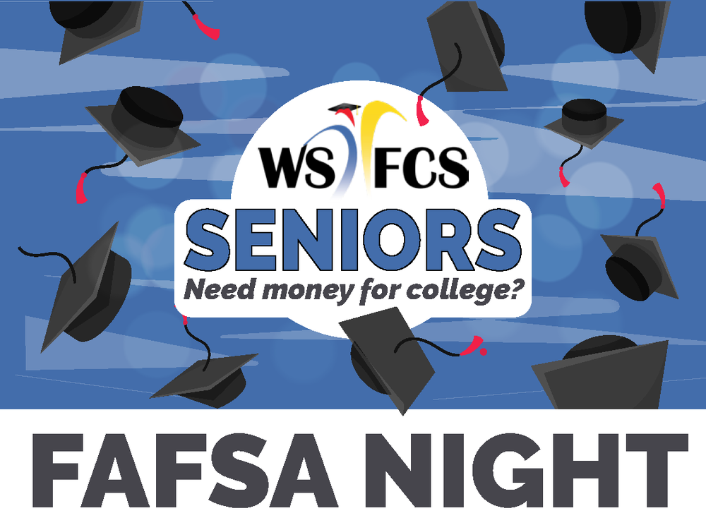 FAFSA Night graphic with graduation caps on a blue background