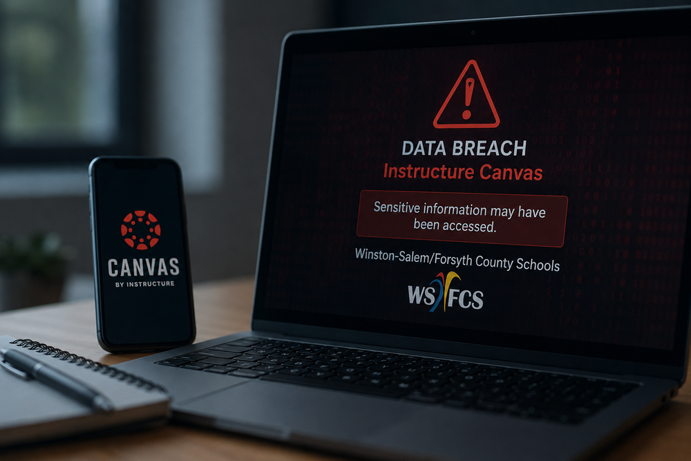 Canvas data breach graphic laptop and cell phone sitting on desk 