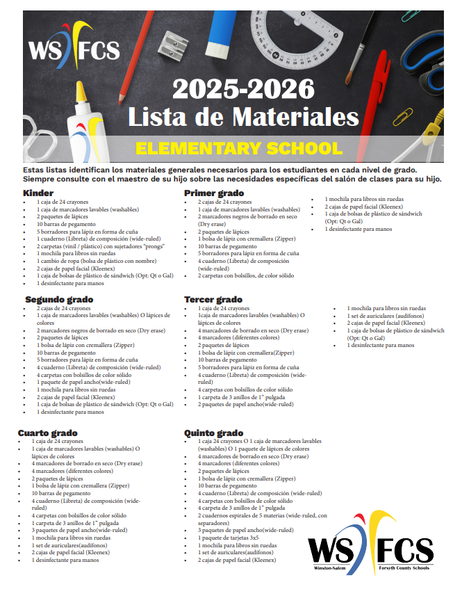 Spanish List of School Supplies by Grade Level