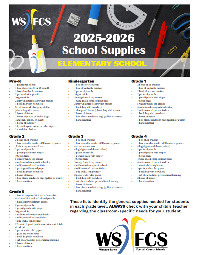 English List of School Supplies by Grade Level