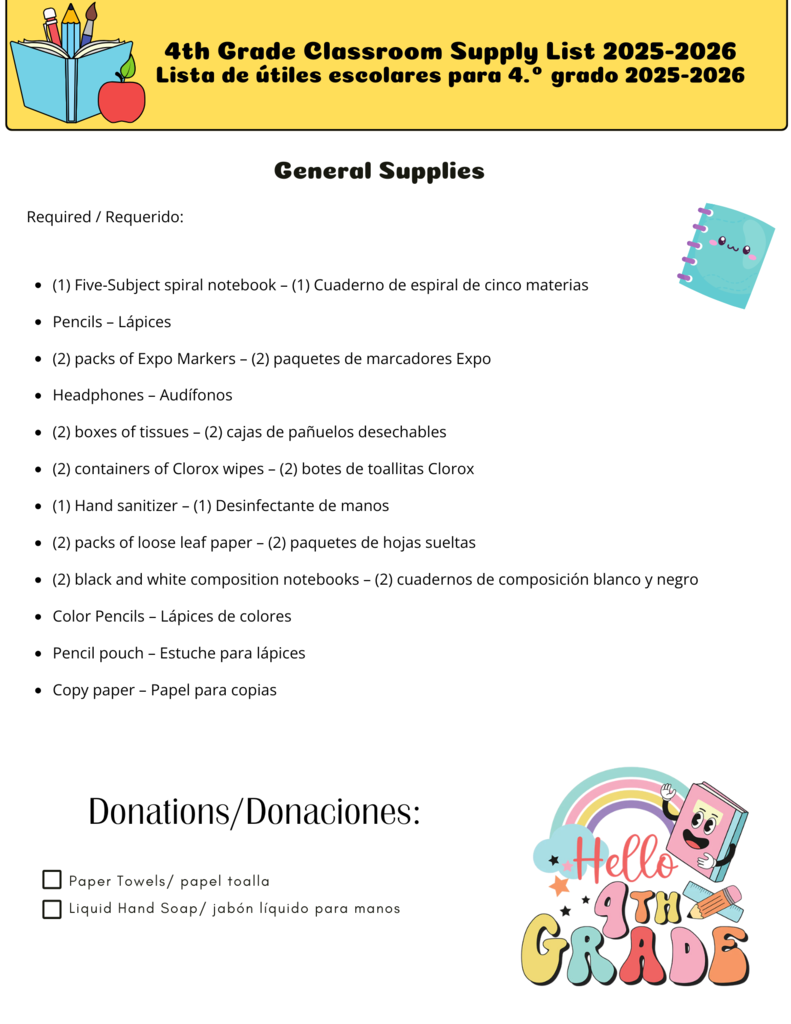 4th Grade School Supply List