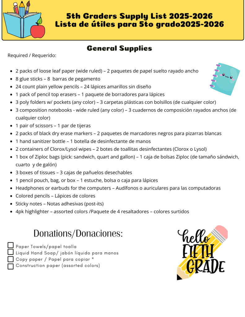 5th Grade School Supply List