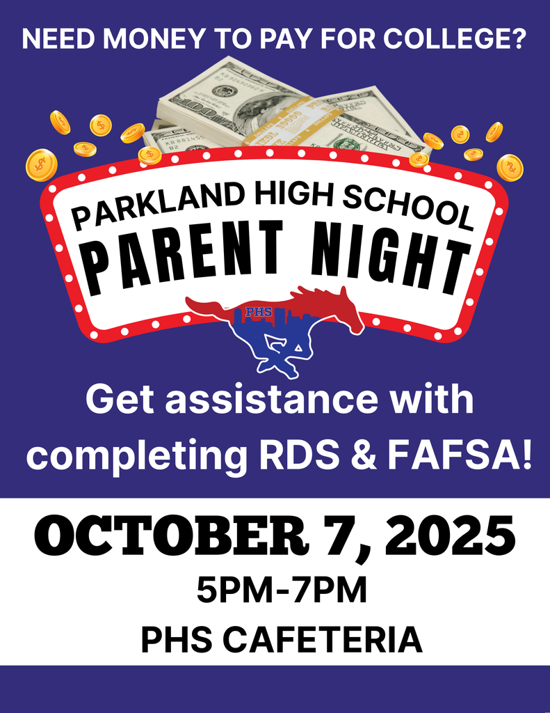 Seniors and Parents: Parent Night will be held on October 7 from 5 pm-7 pm in the Cafeteria. Come out and get assistance with completing the FAFSA and RDS.