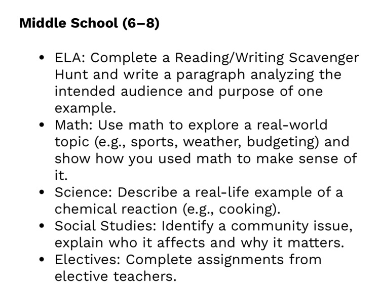 remote learning assignments provided on district page