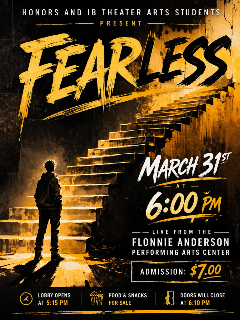 Come out and support Honors and IB theater arts students for their LAST THEATER SHOW OF THE YEAR: "FEARLESS",  a show dedicated to teen issues. Doors to the lobby open at 5:15pm and the show starts at 6:00pm.  We even have a surprise guest artist that will completely blow your mind with their superb acting skills!