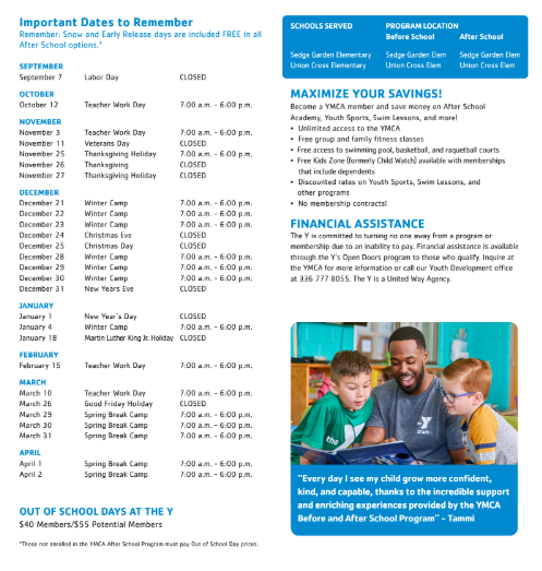 YMCA before and after school care information