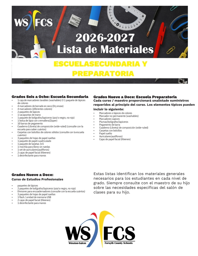 supply list in Spanish