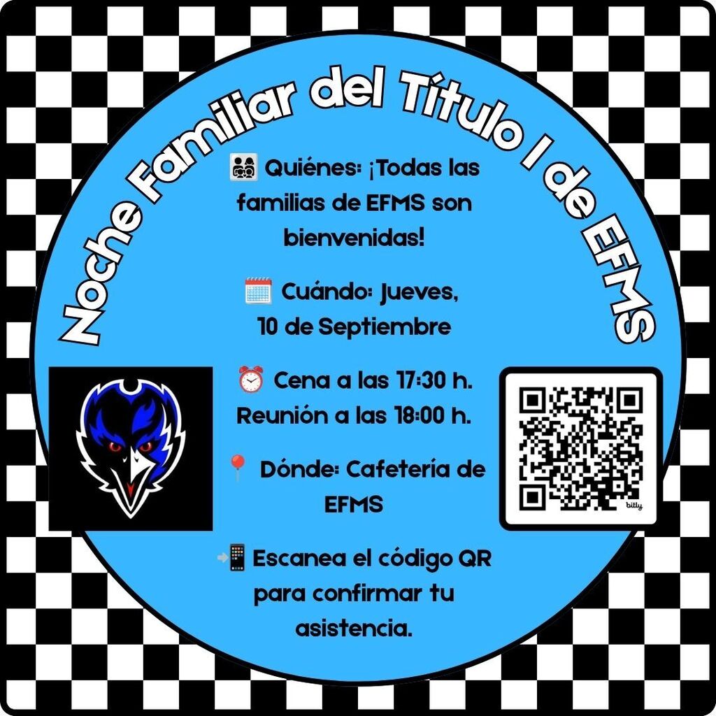 EFMS Title 1 Family Night Flyer in Spanish (Scan QR Code to RSVP)