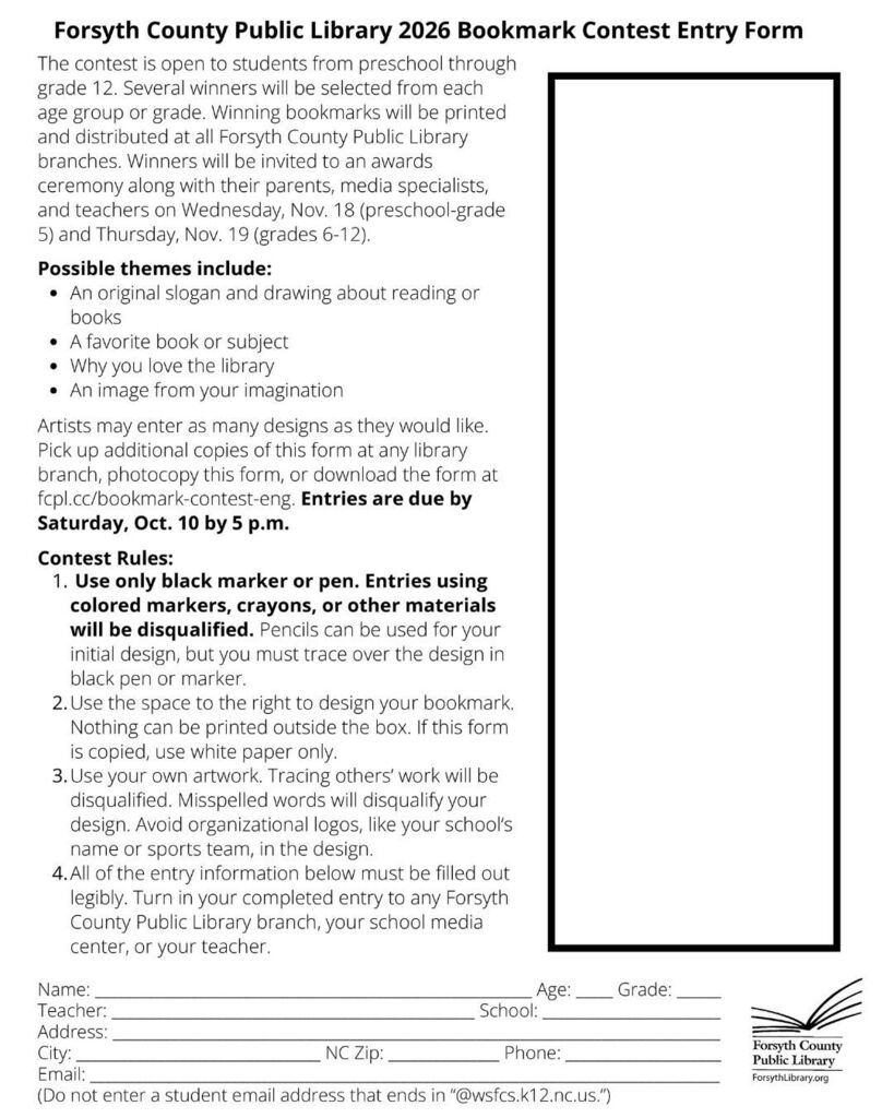 Fosyth Co. Public Library Bookmark Contest