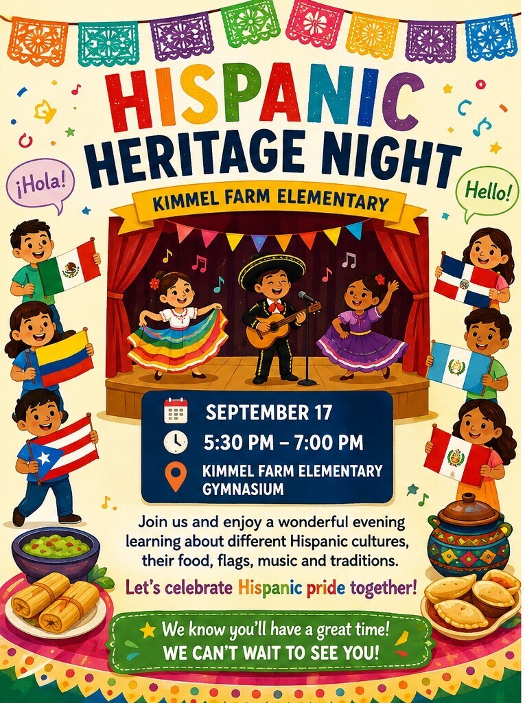 Get ready for an exciting week ahead at Kimmel Farm Elementary! We have three amazing events happening starting **Monday, September 14th**:  * **Scholastic Book Fair:**  **Hispanic Heritage Spirit Week:**  **School Store Fundraiser (Book Buddies):** 