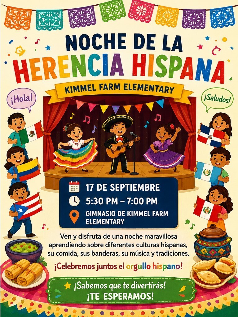 Get ready for an exciting week ahead at Kimmel Farm Elementary! We have three amazing events happening starting **Monday, September 14th**:  * **Scholastic Book Fair:**  **Hispanic Heritage Spirit Week:**  **School Store Fundraiser (Book Buddies):** 