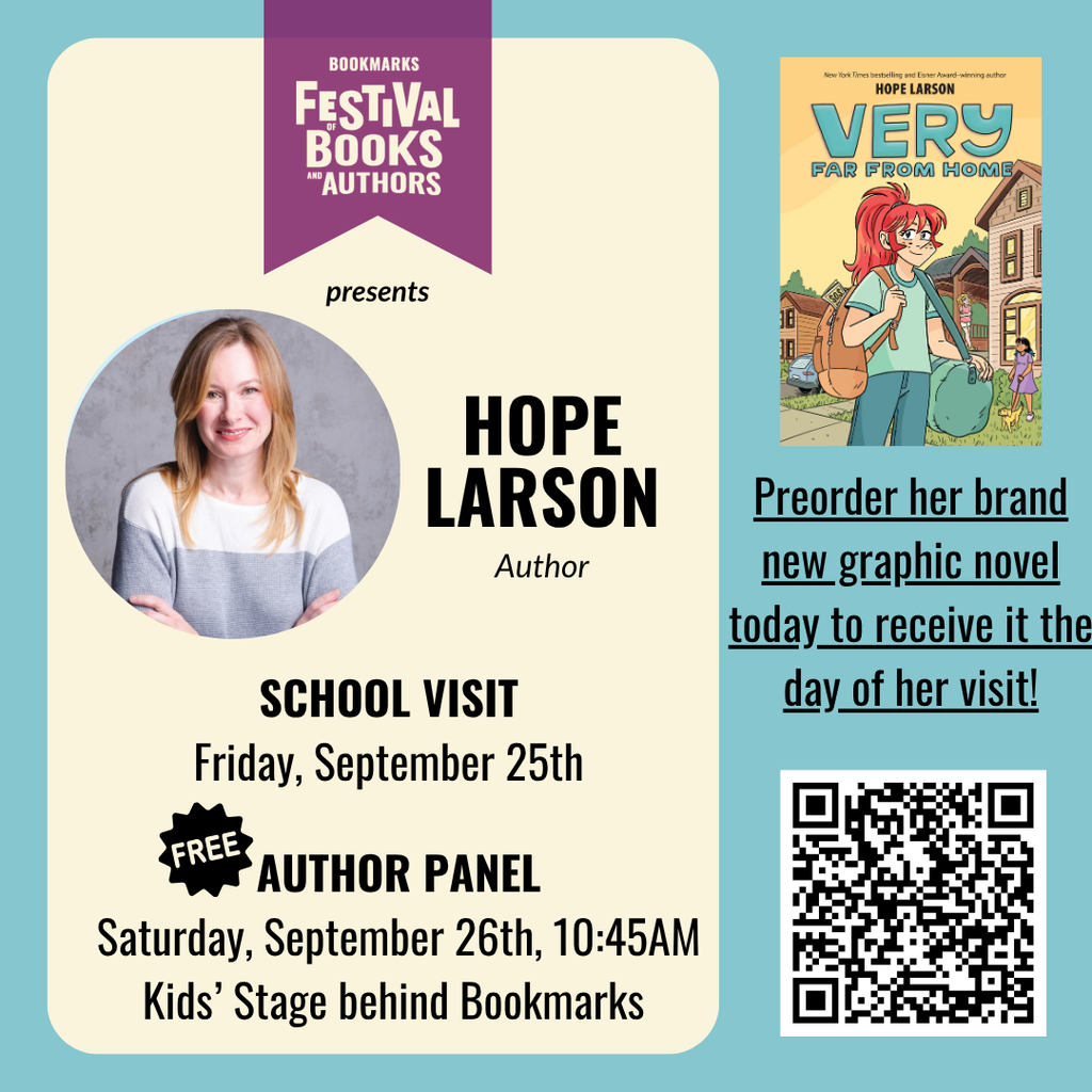 Hope Larson Author Visit Flyer with QR code for Pre-purchase of books