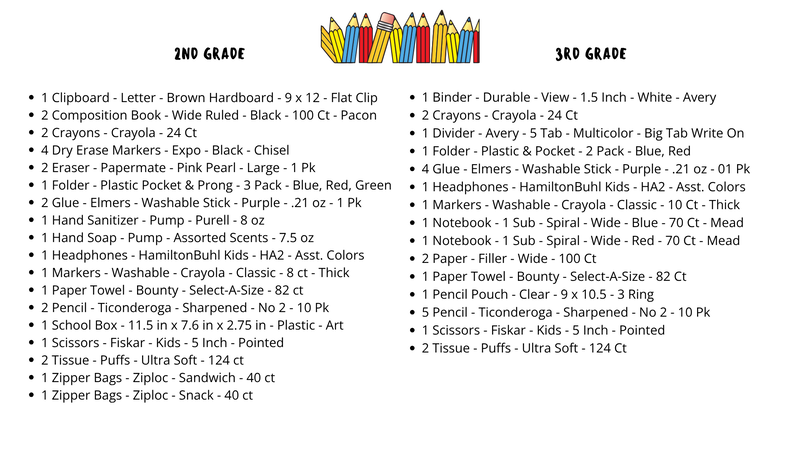 School supply lists for 2nd and 3rd grade students