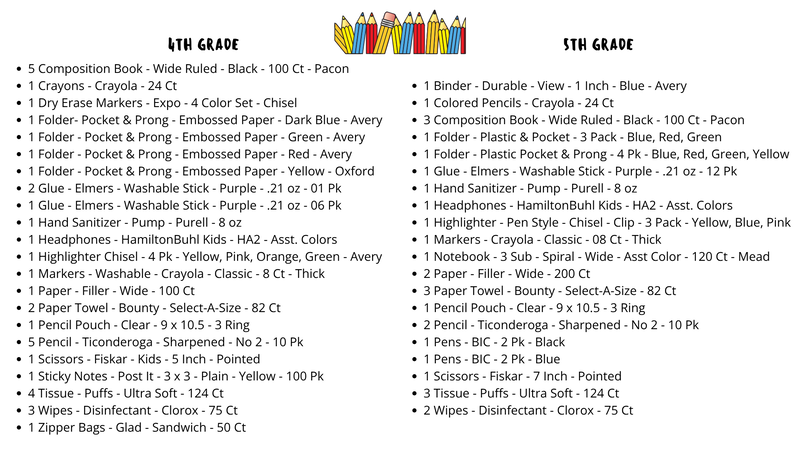 School supplies lists for 4th and 5th grade students
