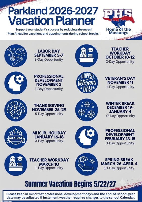 Parkland Vacation Planner for Parents 2026- 2027