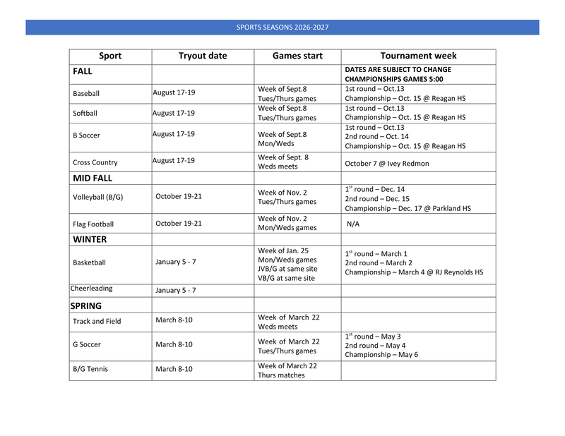 Sports Tryout Schedule 2026-2027