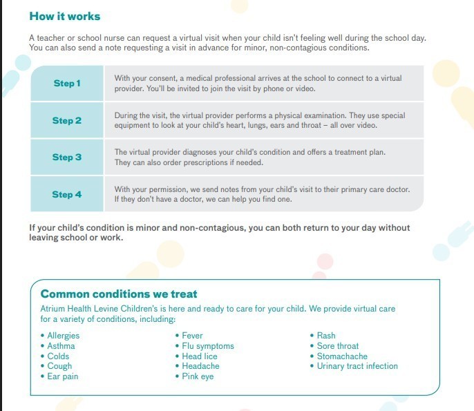 how it works -  with your consent, a medical professional arrives at school and sets up the virtual visit, virtual provider performs exam, diagnoses and makes a treatment  plan