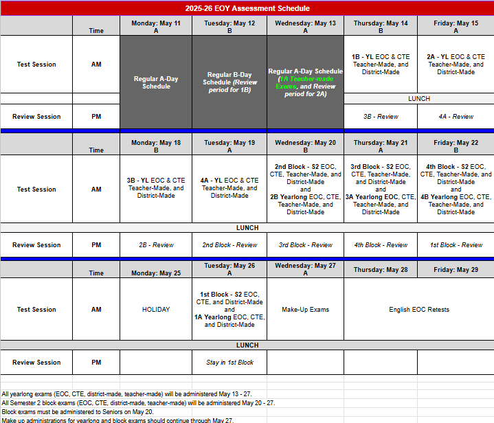 End of Year Exam Schedule