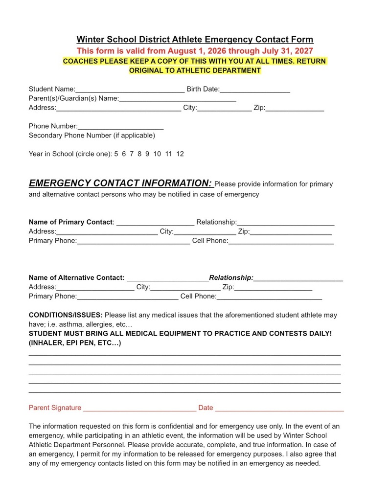 Athletics' Emergency Contact Form