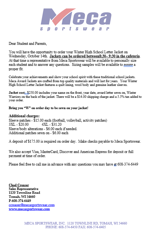 Meca Sportswear Information for Letter Jackets