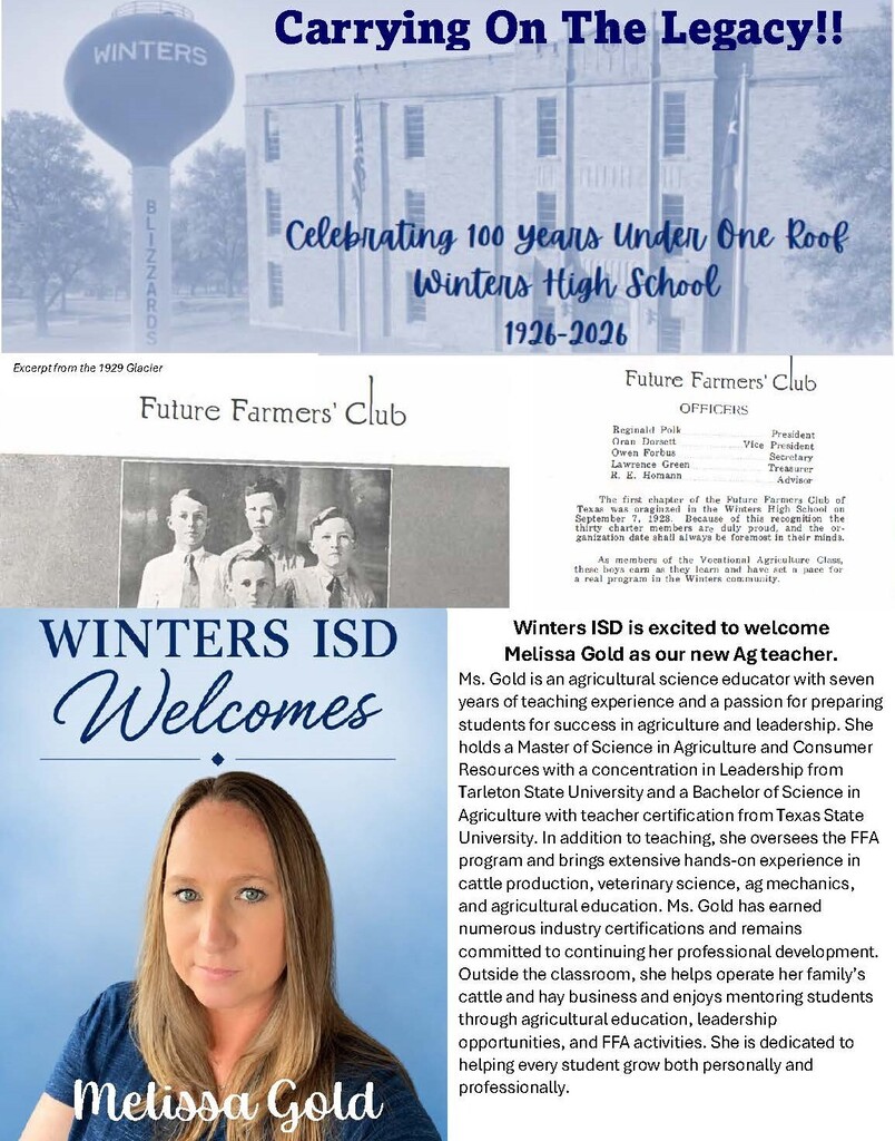 Winters ISD is excited to announce Melissa Gold as the new Ag Teacher!