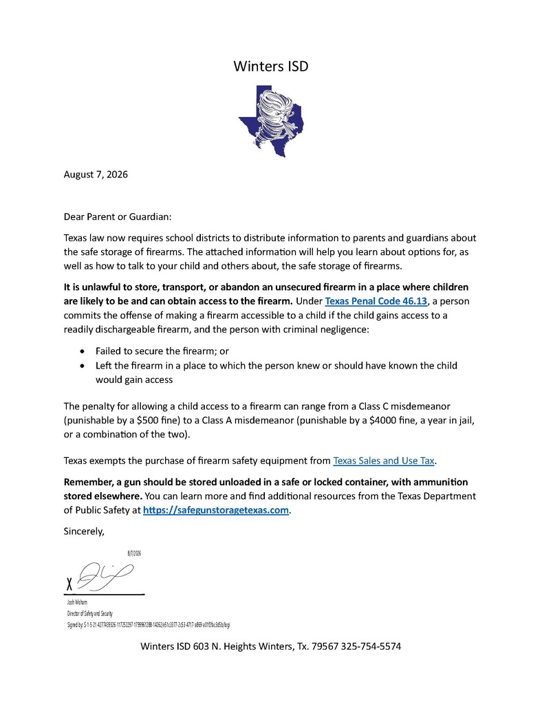 Firearm Safety Letter
