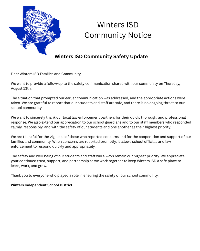 Winters ISD Community Notice