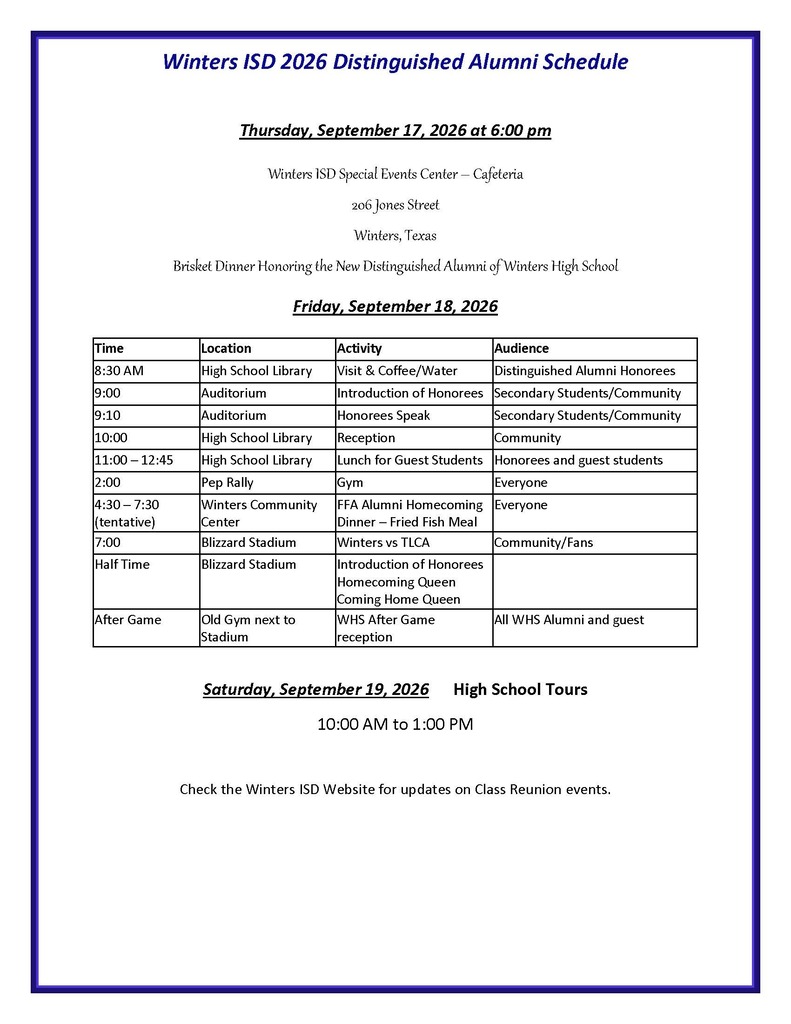 WISD Homecoming Friday Schedule