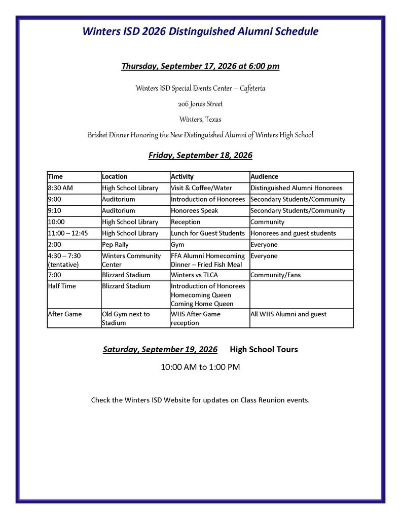 WISD Homecoming Friday Schedule
